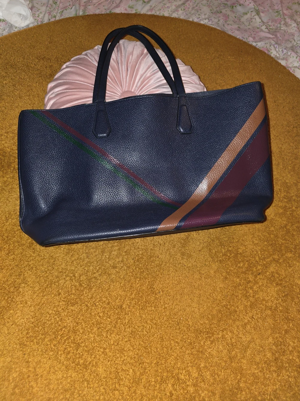 Tory Burch Perry Navy Pebbled Leather Multi-Stripe Tote Bag